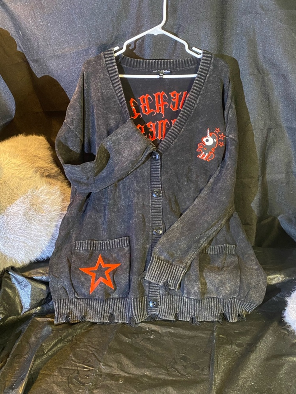 Black Cardigan with Red Star & Graphic Accents